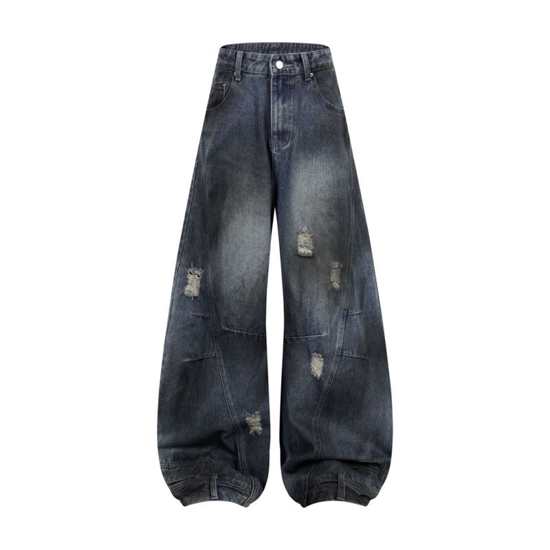 Retro Washed Ripped Deconstruction Stitching Design Straight Jeans - Lootquake