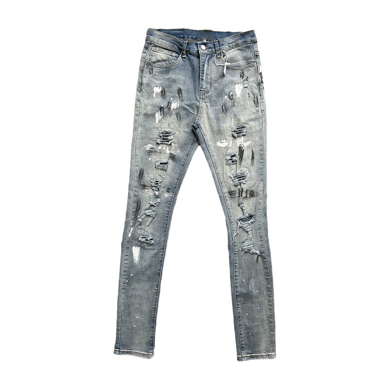 Handmade Splash-ink Blue Diamond Ripped Jeans - Lootquake