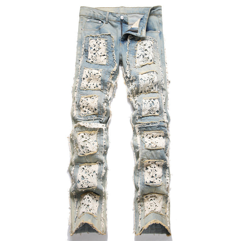 Slim-fit Straight Double-sided Embroidered Patch Youth Blue Men's Flared Jeans - Lootquake