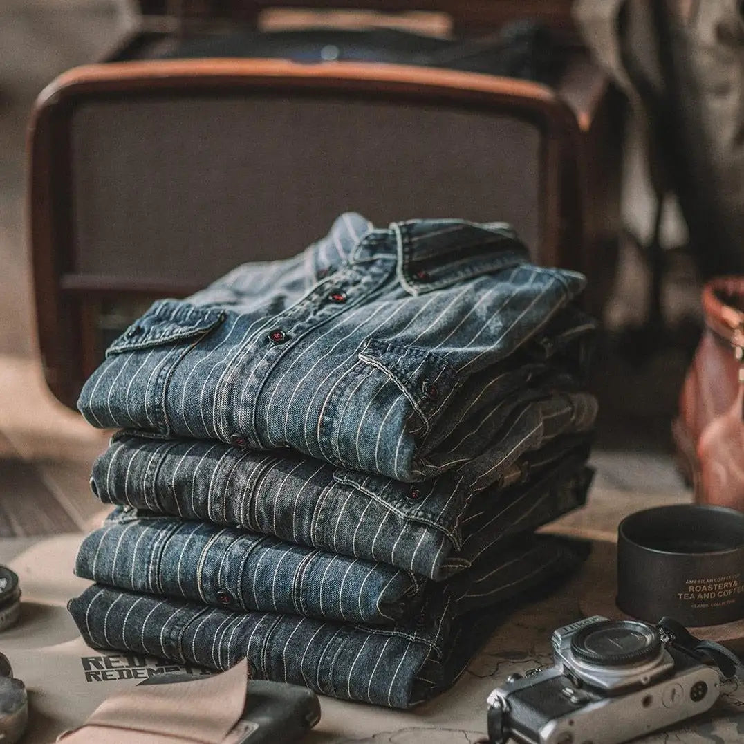 Vintage Vertical Stripes Denim Shirt Workwear Washed Old Long Sleeve Men - Lootquake