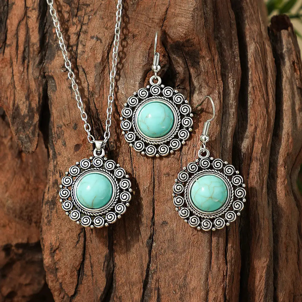 Fashion Turquoise Long Pendant Ear Rings Suit - Lootquake