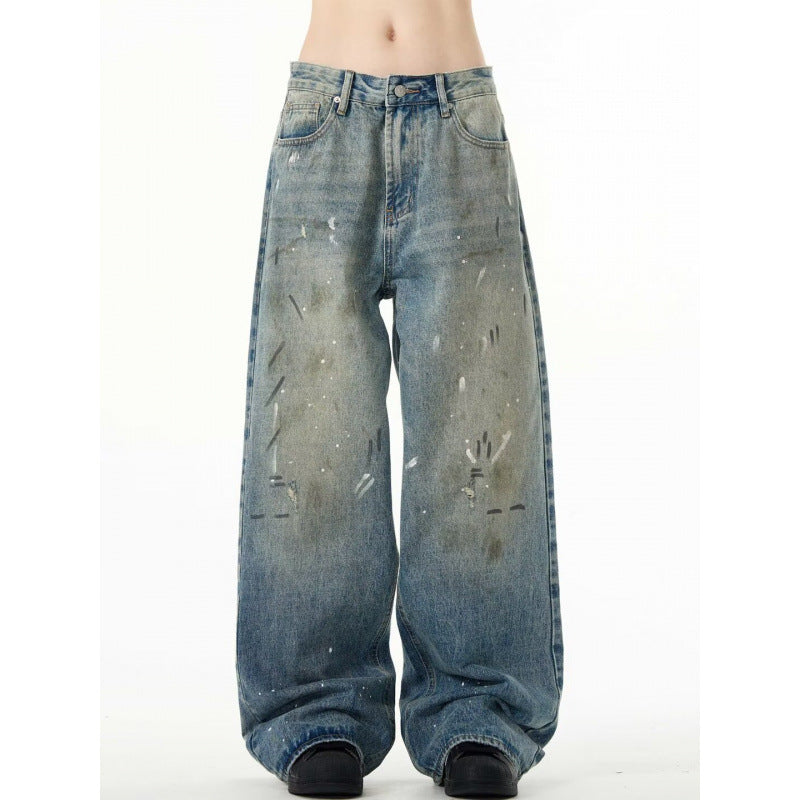 Splash-ink Jeans Men's Retro Washed Distressed Baggy Straight Trousers - Lootquake
