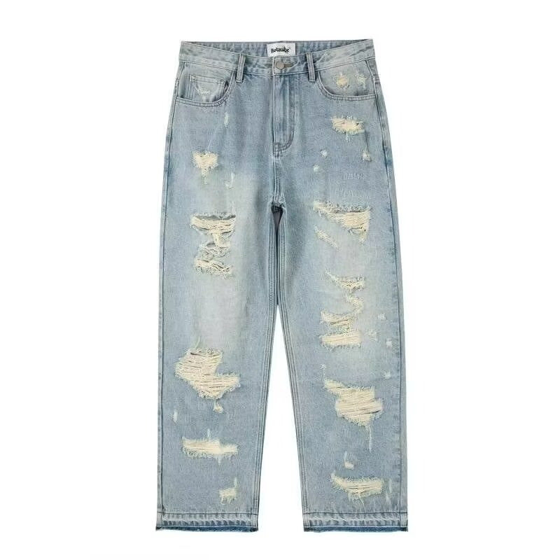 Water Washed Hole Retro Street Wide Leg Jeans - Lootquake
