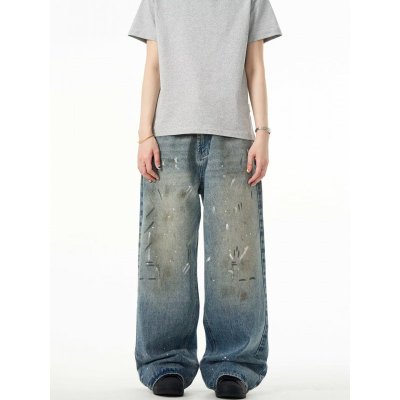 Splash-ink Jeans Men's Retro Washed Distressed Baggy Straight Trousers - Lootquake