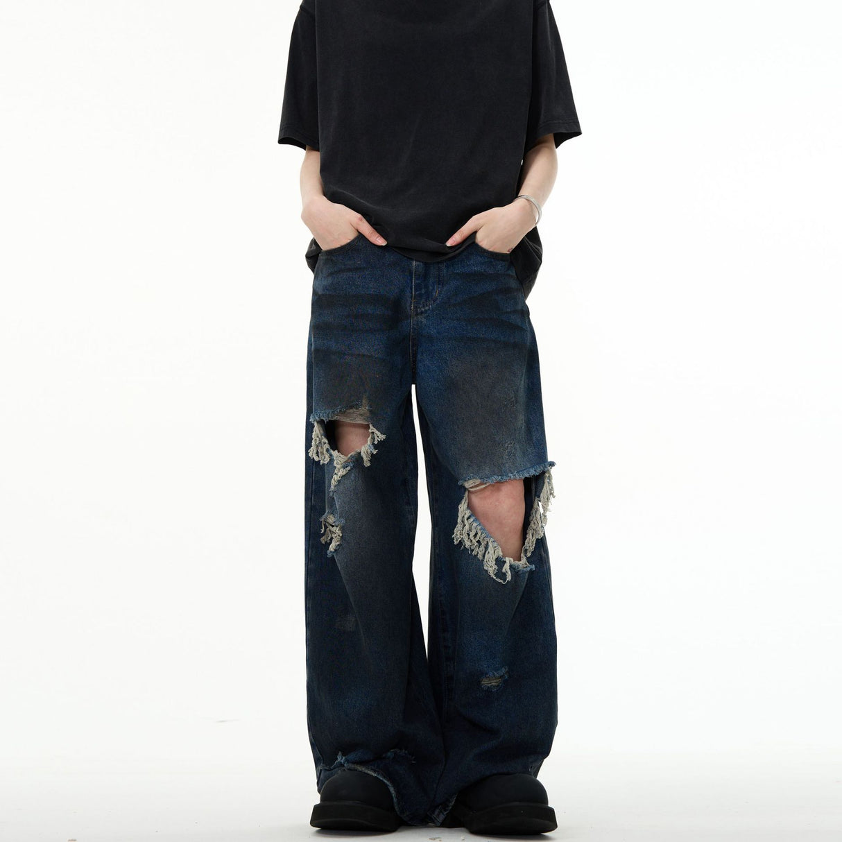 Couple Hole Worn Jeans Wide-leg Pants - Lootquake