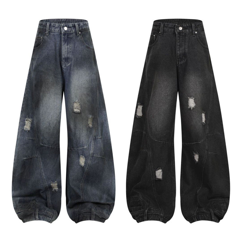 Retro Washed Ripped Deconstruction Stitching Design Straight Jeans - Lootquake