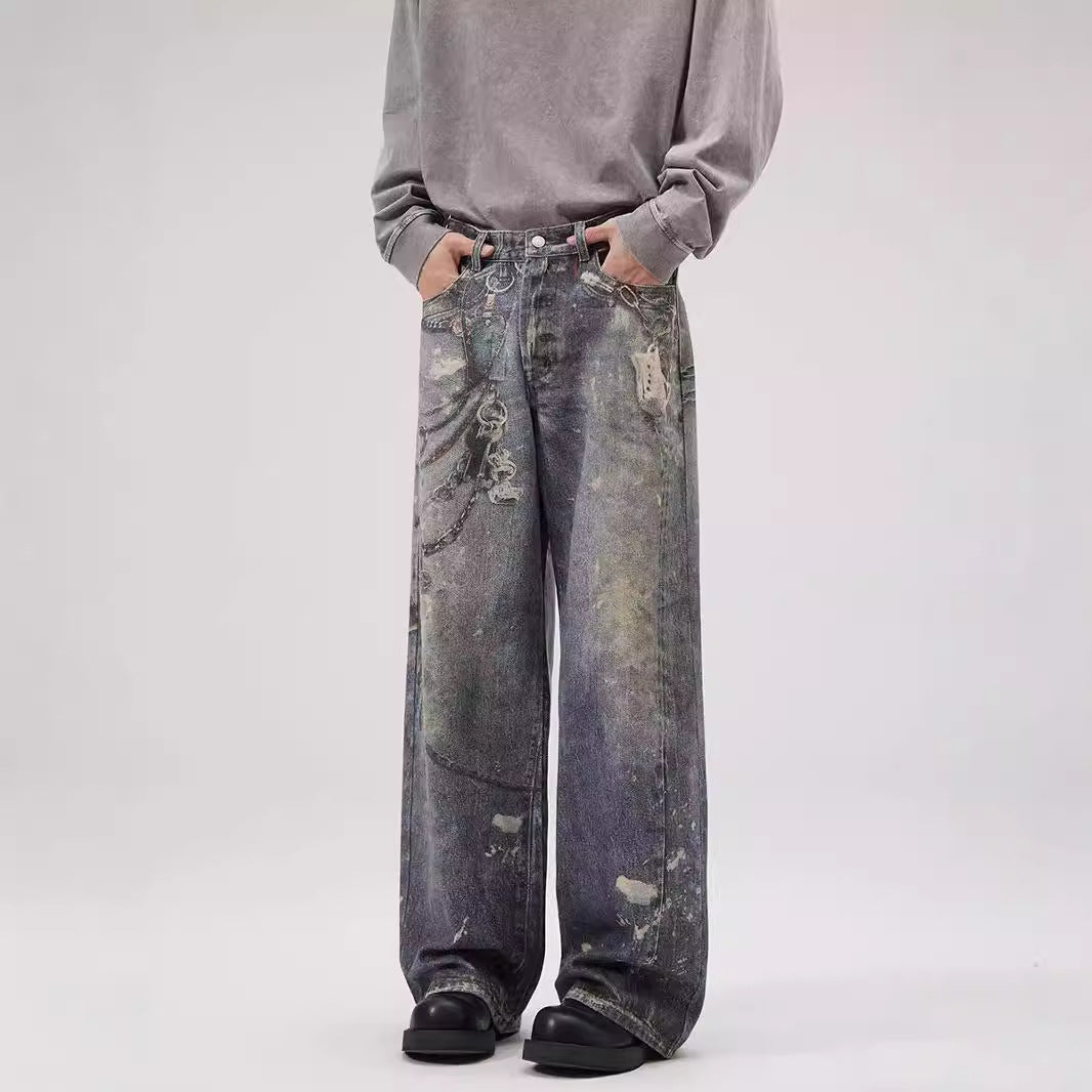 Printed Jeans Men's Loose Straight Personality All-match - Lootquake