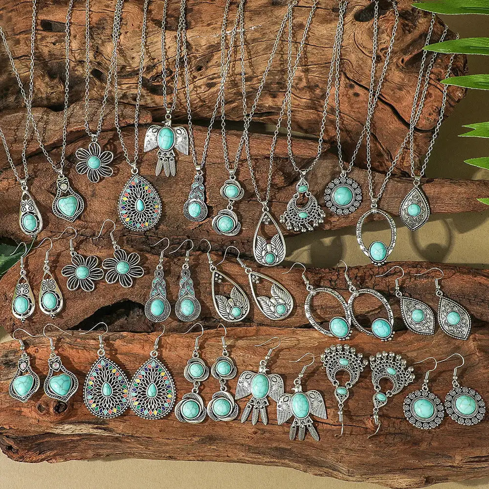 Fashion Turquoise Long Pendant Ear Rings Suit - Lootquake