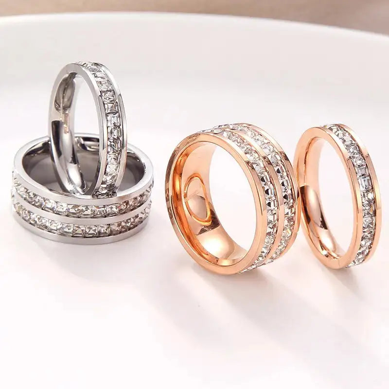 Titanium Steel Couple Single And Double Row Diamond Ring - Lootquake