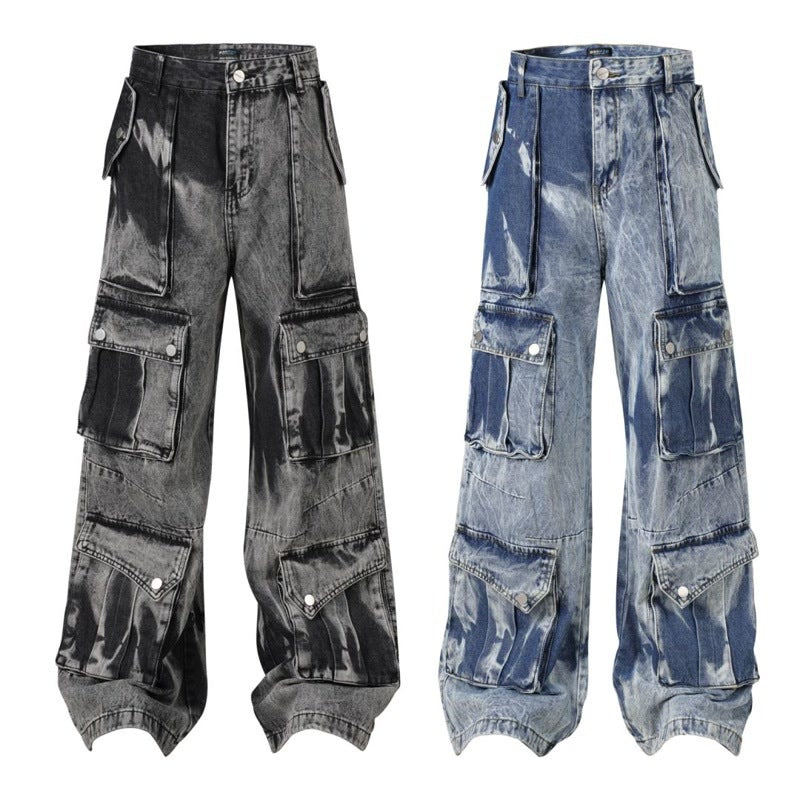 Washed Multi-pocket Design Straight Men's Jeans - Lootquake