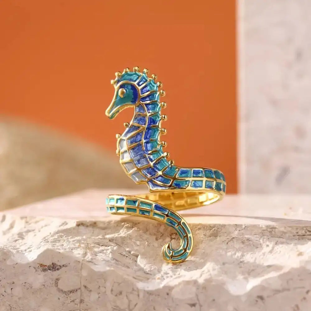 Elegant Gold Plated Stainless Steel Seahorse Ring Blue - Lootquake