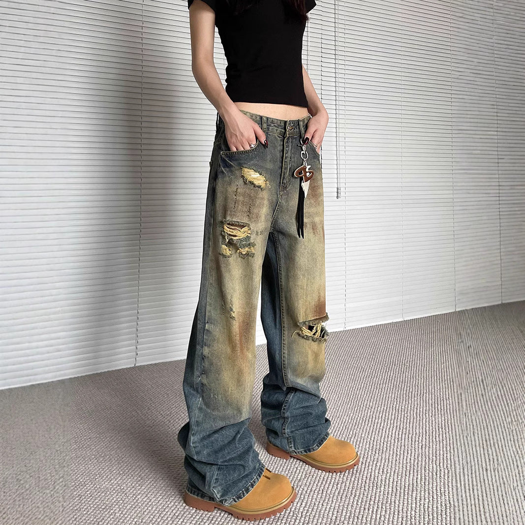 Niche Make Old Ripped Denim Fashion Brand Loose Straight Wide Leg Smart Trousers - Lootquake