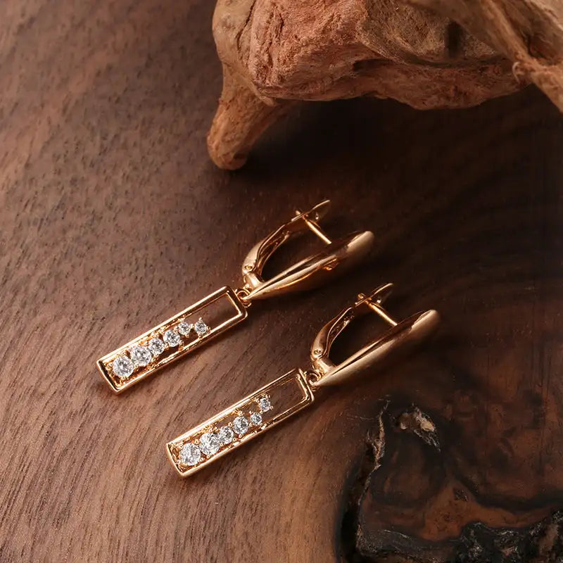 Copper Plated Gold Zircon Earrings Women's Fashionable Rose Gold Rectangular - Lootquake