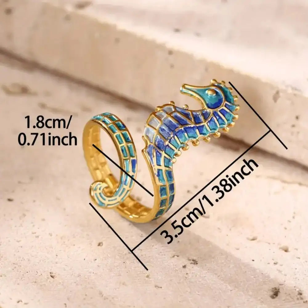 Elegant Gold Plated Stainless Steel Seahorse Ring Blue - Lootquake