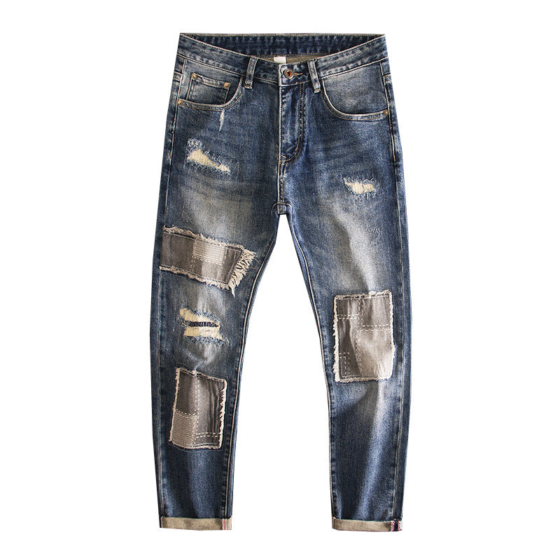 Retro Beggar Ripped Patch Jeans For Men - Lootquake