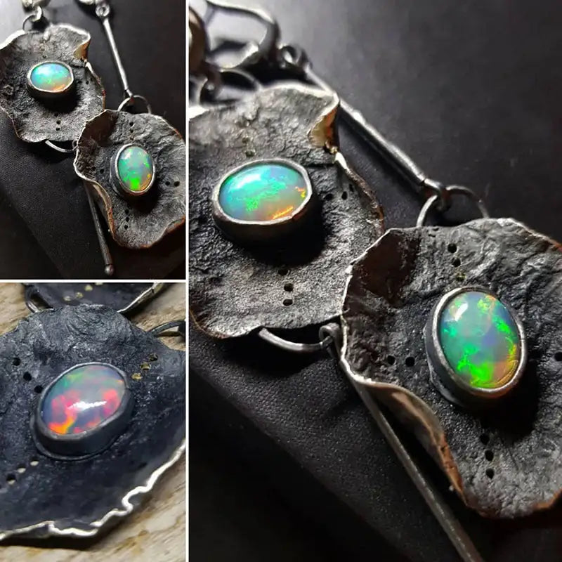 Antique Metal Inlaid Opal Earrings - Lootquake