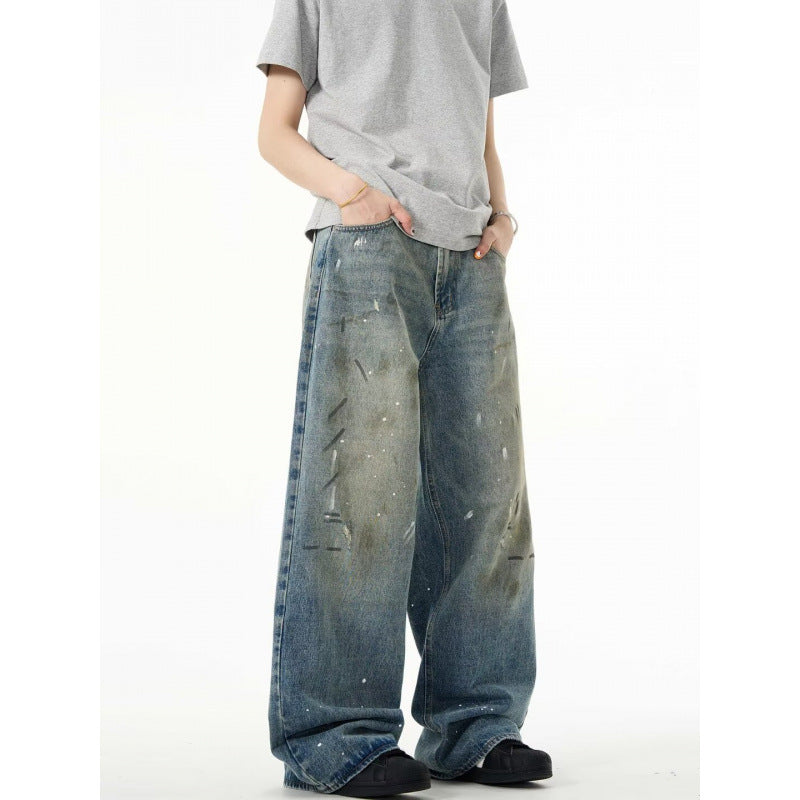 Splash-ink Jeans Men's Retro Washed Distressed Baggy Straight Trousers - Lootquake