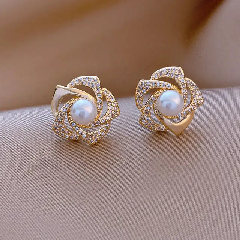 Women's Diamond Rose Pearl Earrings New Niche - Lootquake