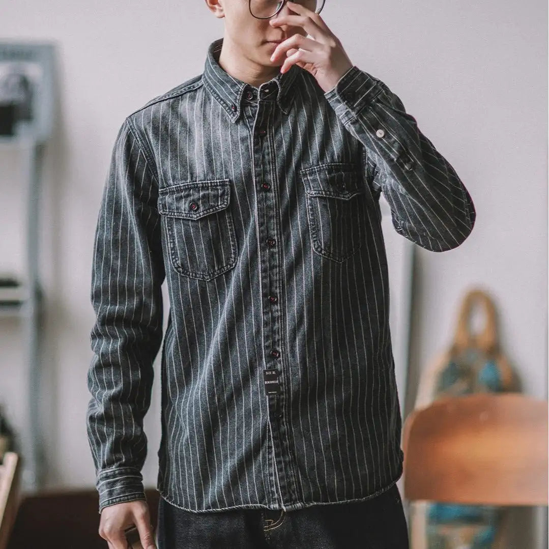 Vintage Vertical Stripes Denim Shirt Workwear Washed Old Long Sleeve Men - Lootquake
