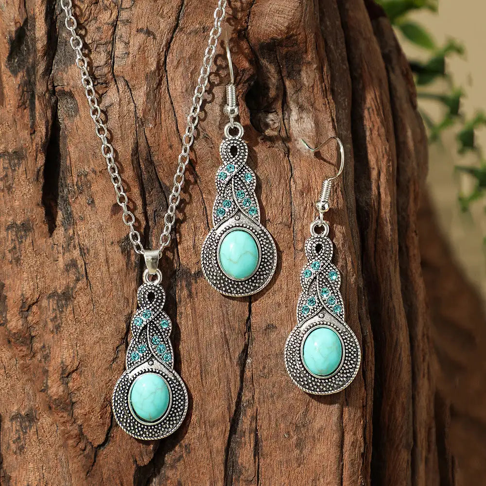 Fashion Turquoise Long Pendant Ear Rings Suit - Lootquake