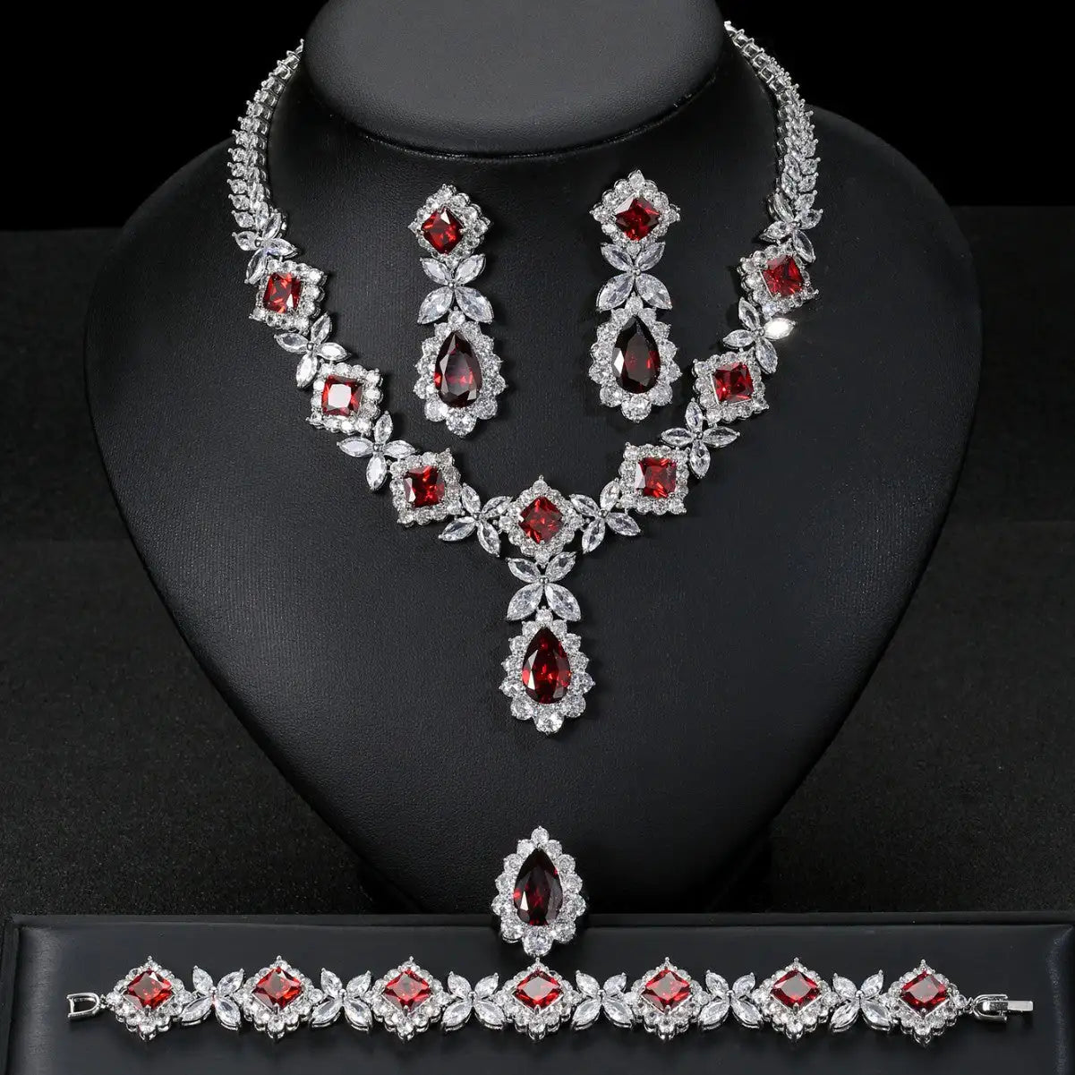 European And American Luxury Zircon Necklace Earring Bracelet Ring Suit - Lootquake