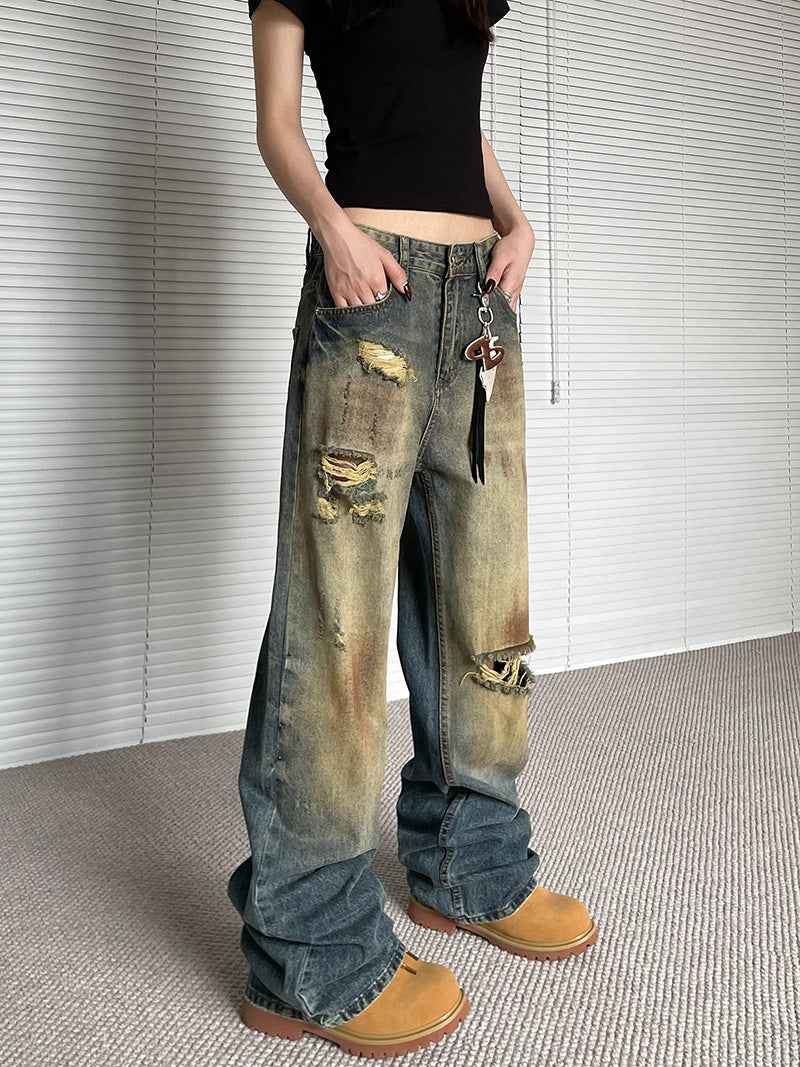 Niche Make Old Ripped Denim Fashion Brand Loose Straight Wide Leg Smart Trousers - Lootquake