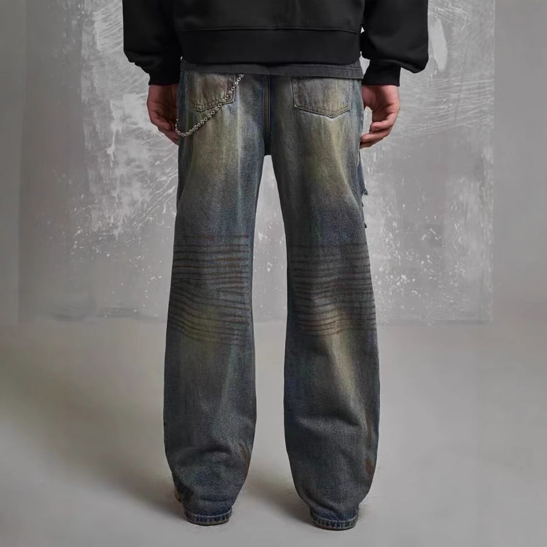 Loose Straight Slim-fit Waste Soil Blue With Holes Jeans - Lootquake