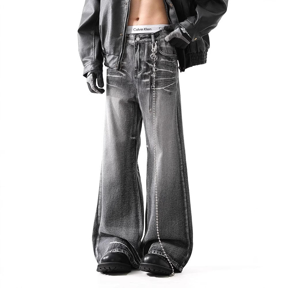 Loose Micro-flared Washed Distressed Lightning Jeans - Lootquake