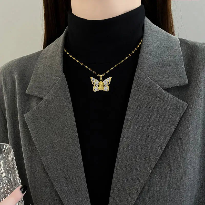 Titanium Steel Micro-inlaid Portrait Butterfly Zircon Necklace - Lootquake