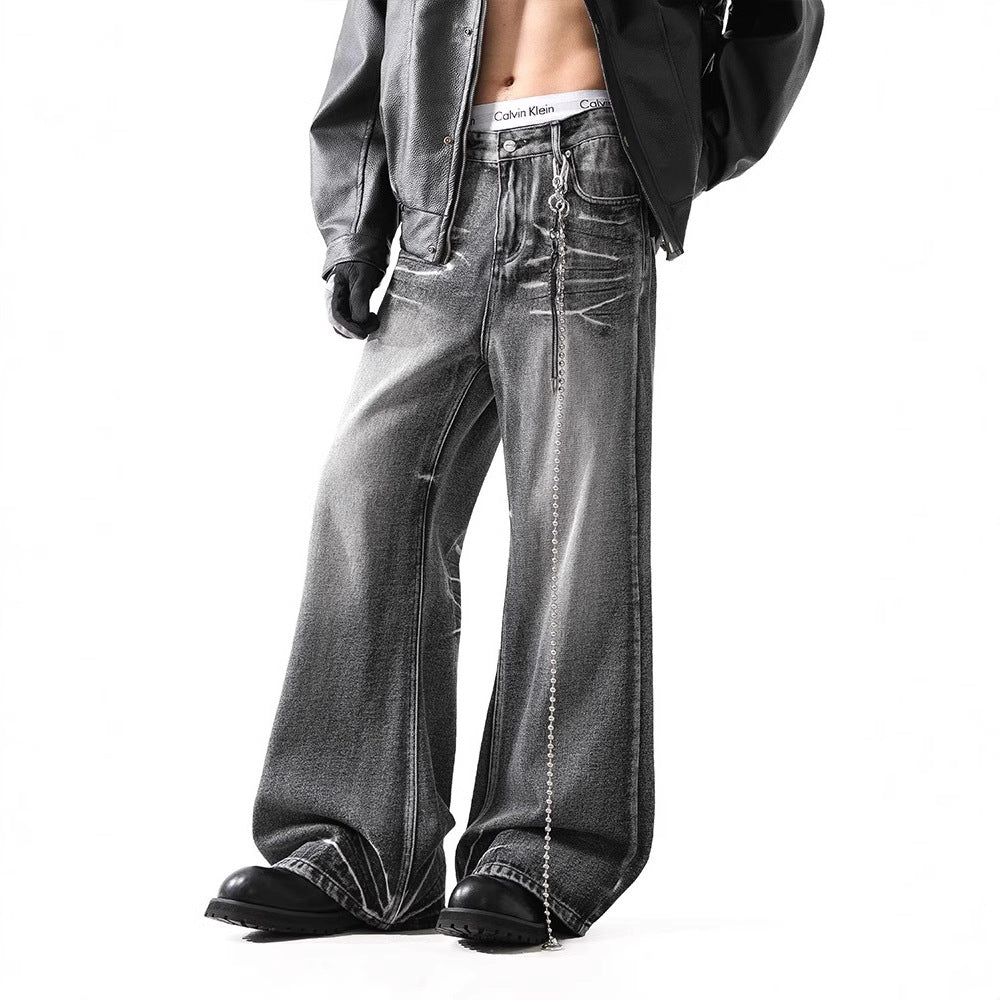 Loose Micro-flared Washed Distressed Lightning Jeans - Lootquake