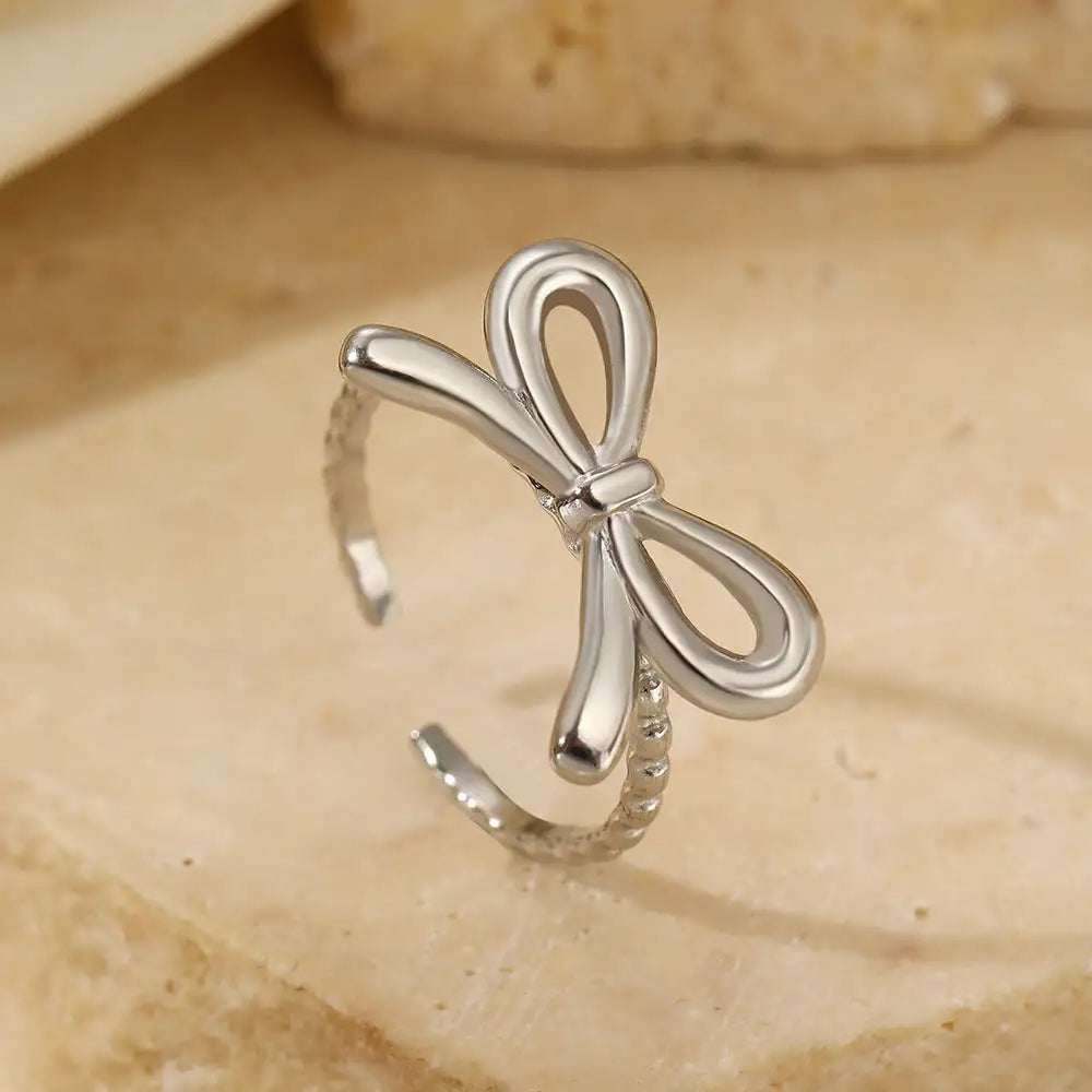 European And American Fashion Bowknot Stainless Steel Open Adjustable Ring - Lootquake