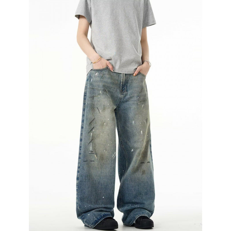 Splash-ink Jeans Men's Retro Washed Distressed Baggy Straight Trousers - Lootquake