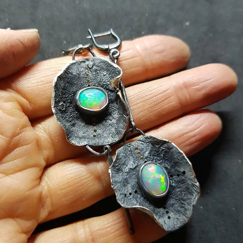 Antique Metal Inlaid Opal Earrings - Lootquake
