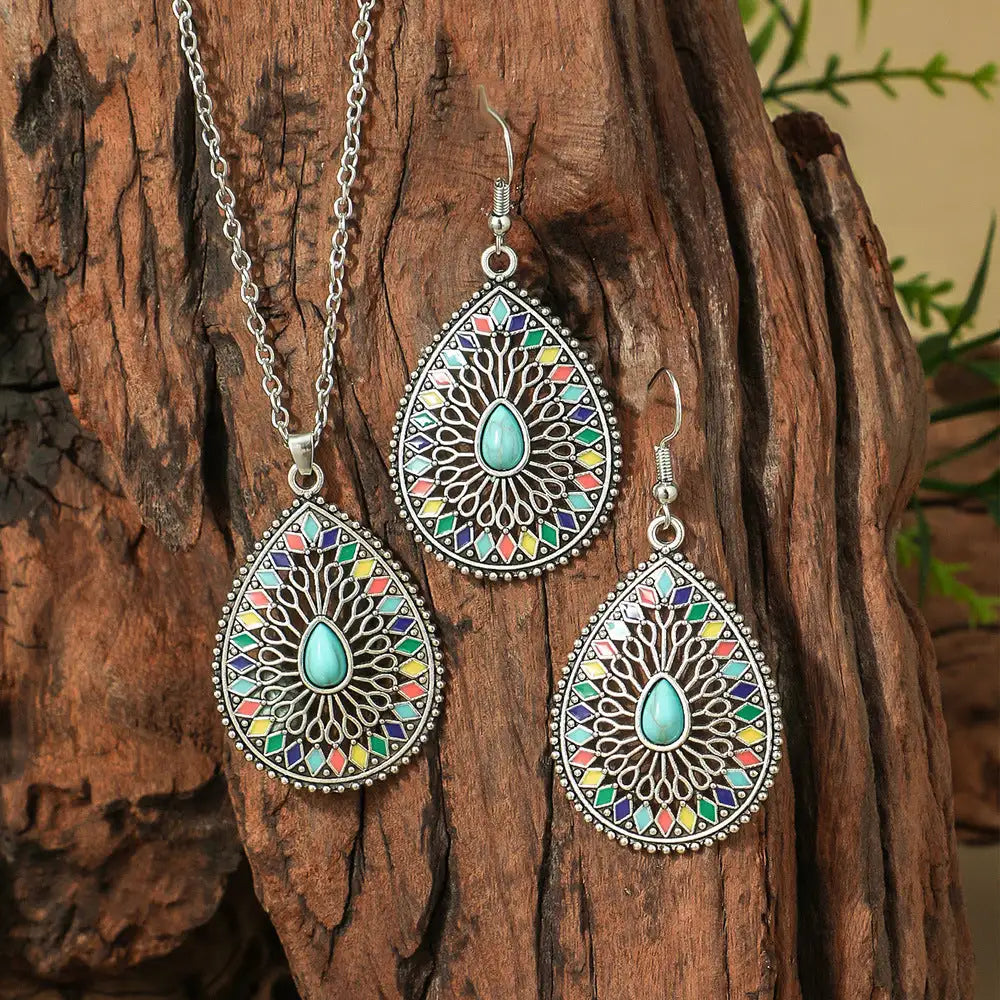 Fashion Turquoise Long Pendant Ear Rings Suit - Lootquake