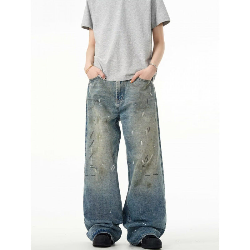 Splash-ink Jeans Men's Retro Washed Distressed Baggy Straight Trousers - Lootquake