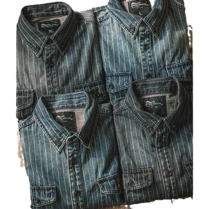 Vintage Vertical Stripes Denim Shirt Workwear Washed Old Long Sleeve Men - Lootquake