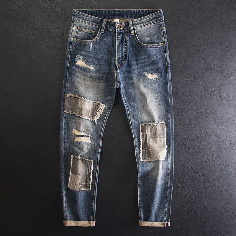 Retro Beggar Ripped Patch Jeans For Men - Lootquake