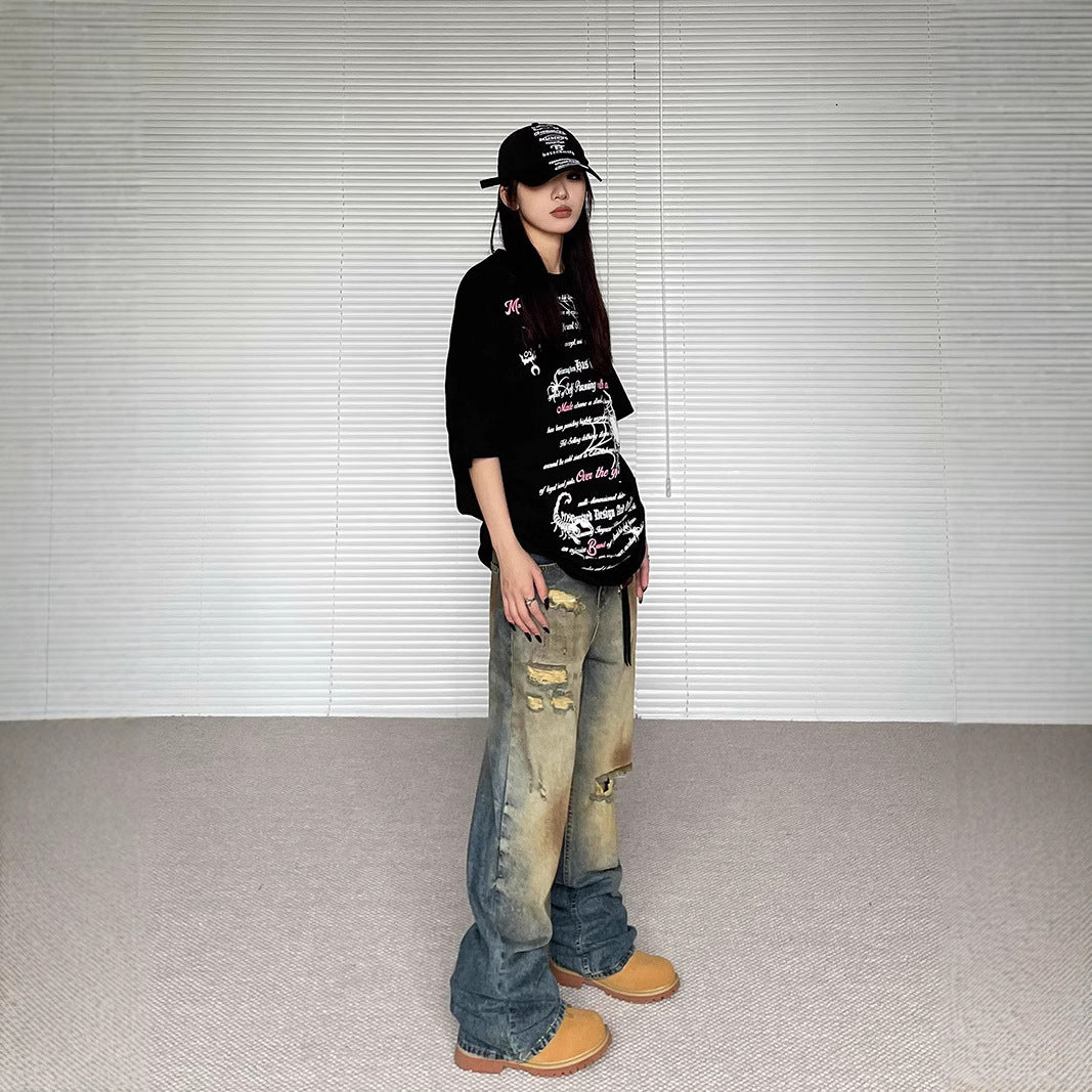 Niche Make Old Ripped Denim Fashion Brand Loose Straight Wide Leg Smart Trousers - Lootquake