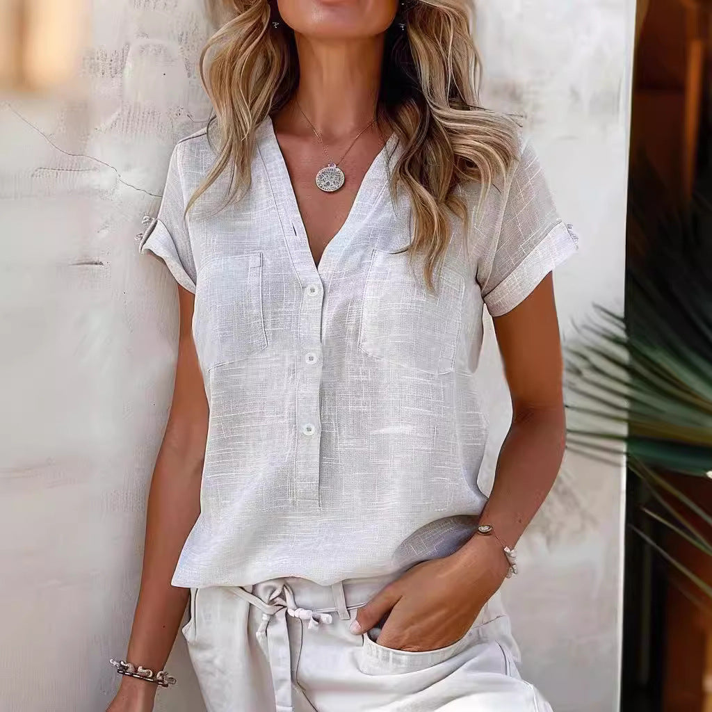 Solid Color Button Fashion Short Sleeve