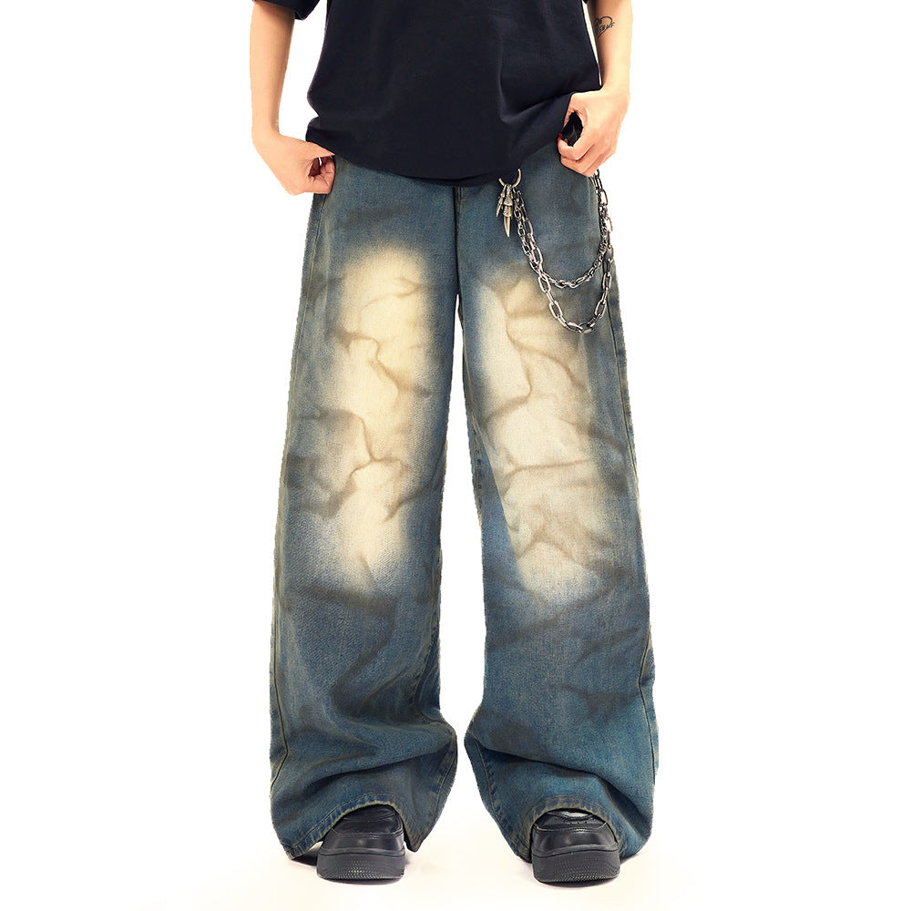Wide Leg Straight Waste Soil Wind Contrast Color Inkjet Jeans Men - Lootquake
