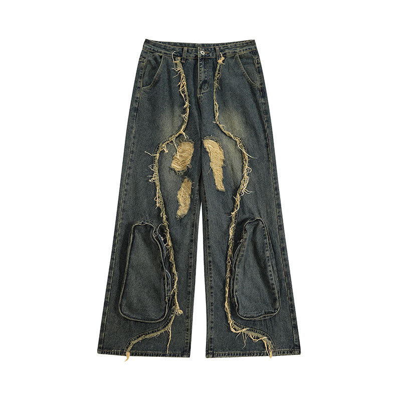 High Street Re-niche Deconstruction Tassel Hole Denim Men's Pants - Lootquake