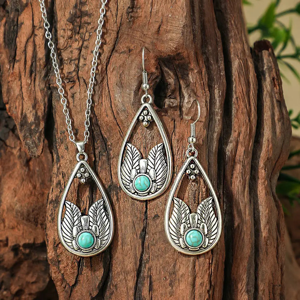 Fashion Turquoise Long Pendant Ear Rings Suit - Lootquake