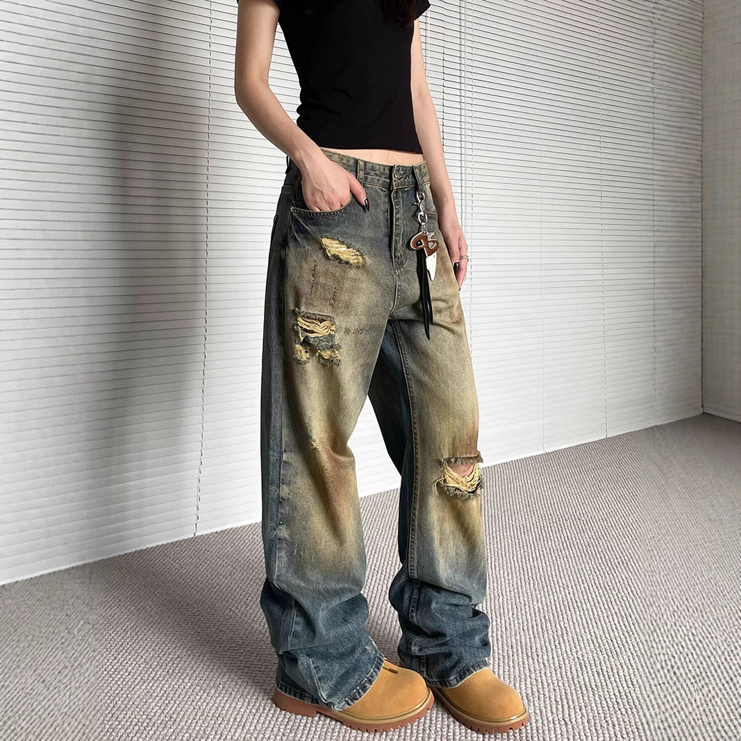 Niche Make Old Ripped Denim Fashion Brand Loose Straight Wide Leg Smart Trousers - Lootquake