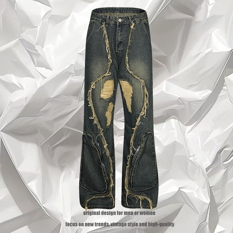 High Street Re-niche Deconstruction Tassel Hole Denim Men's Pants - Lootquake