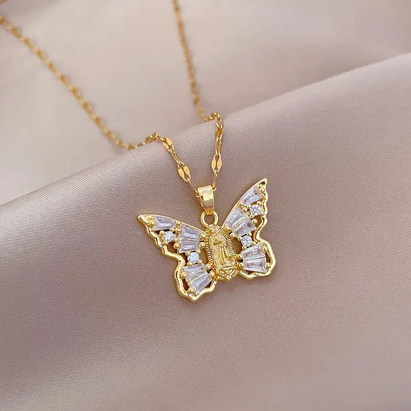 Titanium Steel Micro-inlaid Portrait Butterfly Zircon Necklace - Lootquake