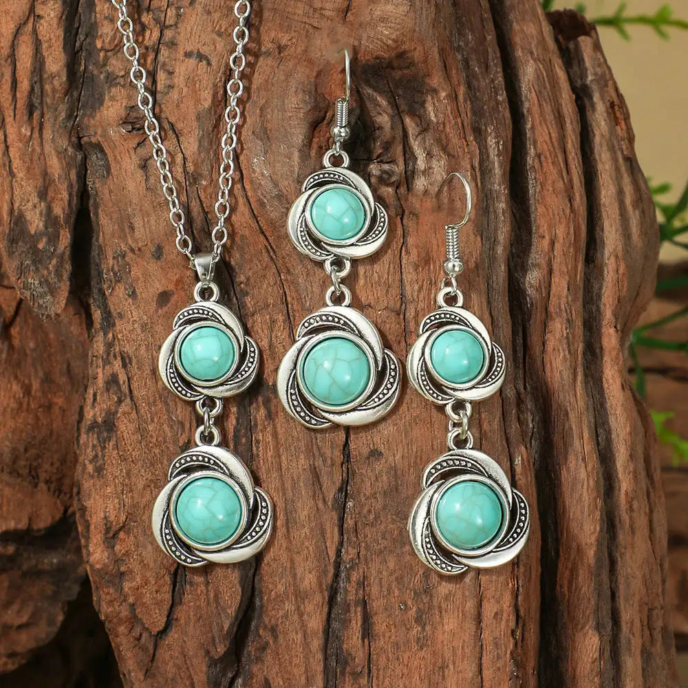 Fashion Turquoise Long Pendant Ear Rings Suit - Lootquake