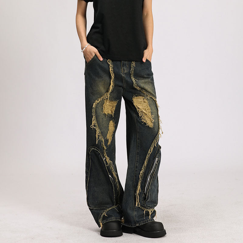 High Street Re-niche Deconstruction Tassel Hole Denim Men's Pants - Lootquake