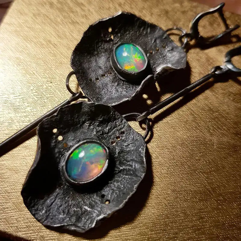 Antique Metal Inlaid Opal Earrings - Lootquake