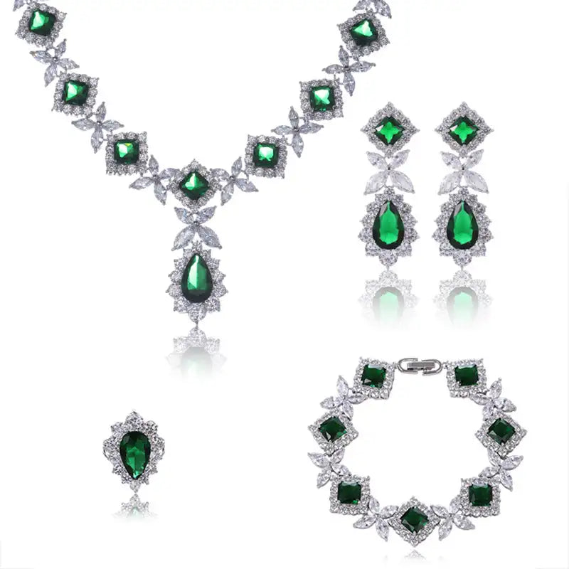 European And American Luxury Zircon Necklace Earring Bracelet Ring Suit - Lootquake