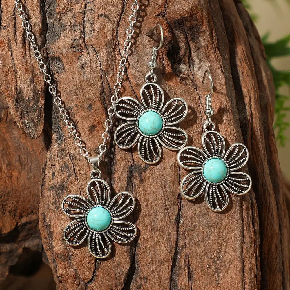 Fashion Turquoise Long Pendant Ear Rings Suit - Lootquake